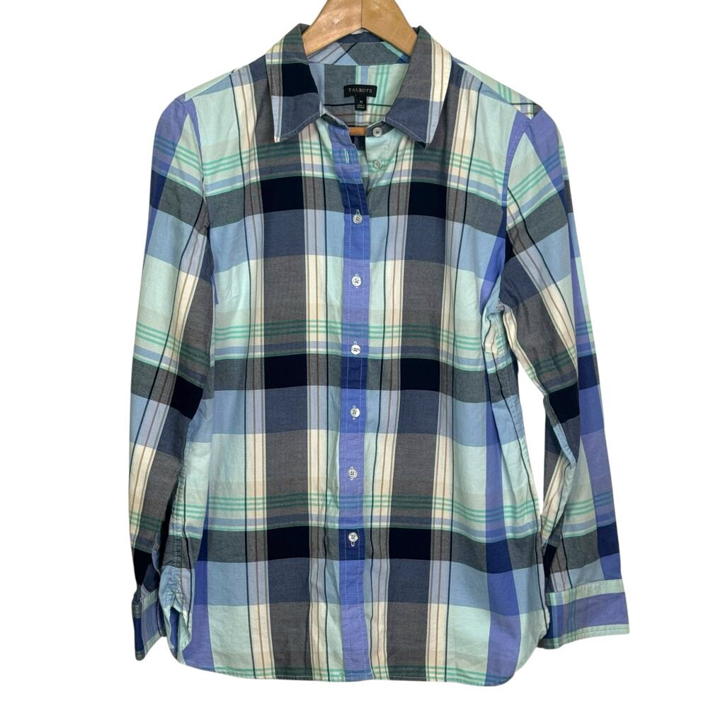 Talbots Size Medium Blue Plaid 100% Cotton Button Up Shirt